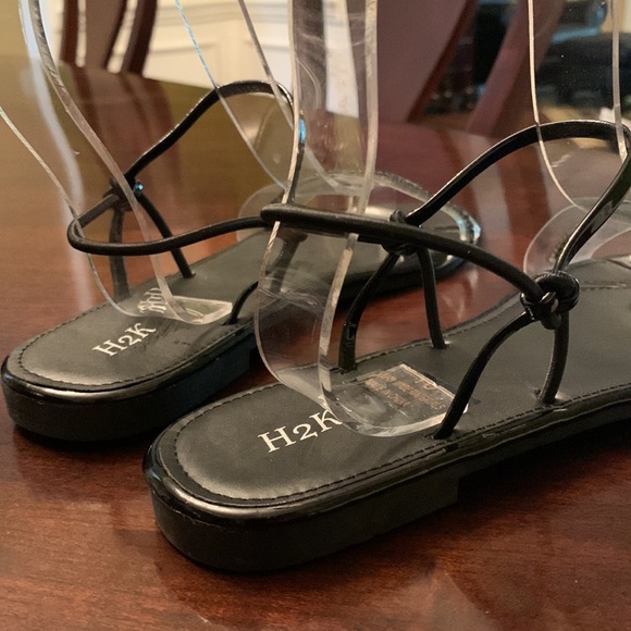 Black Open Sandals, Clear Band with Black Rhinestones, Ankle Straps. Size 9, 10 - Picture 2 of 6